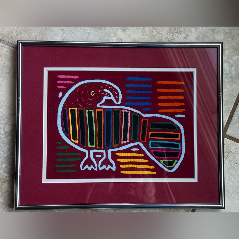 Framed Original Molas Reverse-appliqué textile art Panamas San Blas Islands.